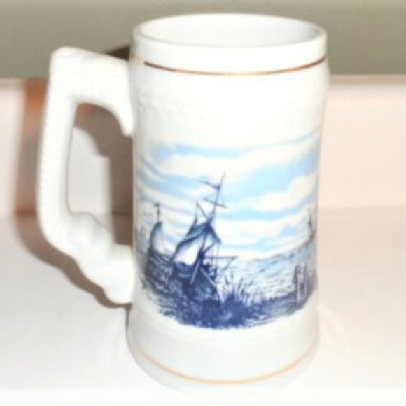 BEER STEIN Signed Tsuji NAUTICAL Boat BEER MUG Industria Argentina Gold Gild - Picture 2 of 5